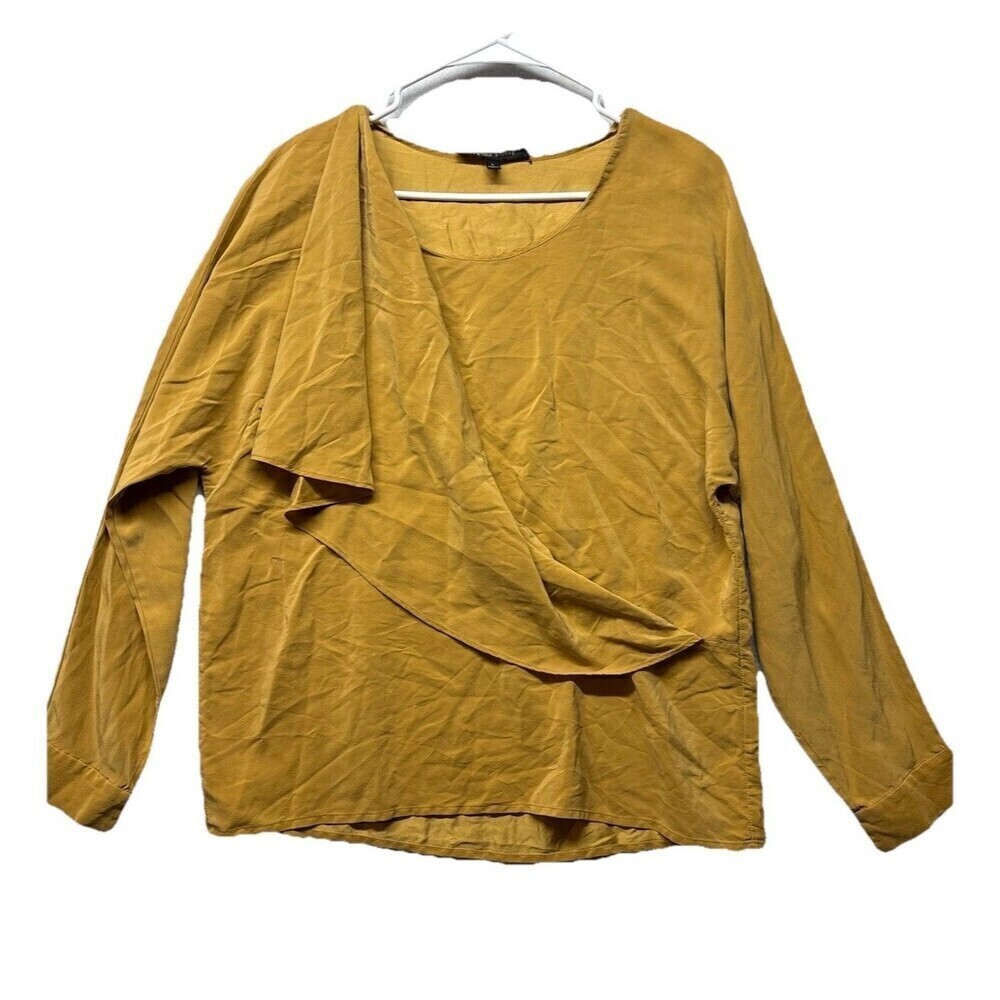 Cynthia Steffe Long Sleeve Gold Blouse 100% Silk Sz 6 Faux Wrap Top